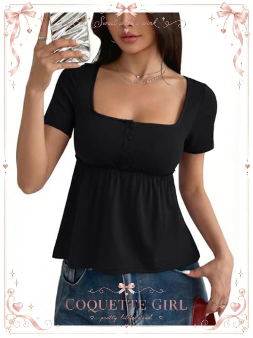 Women's Babydoll Peplum Top Square Neck Short Sleeve Button Front Ruffle Hem